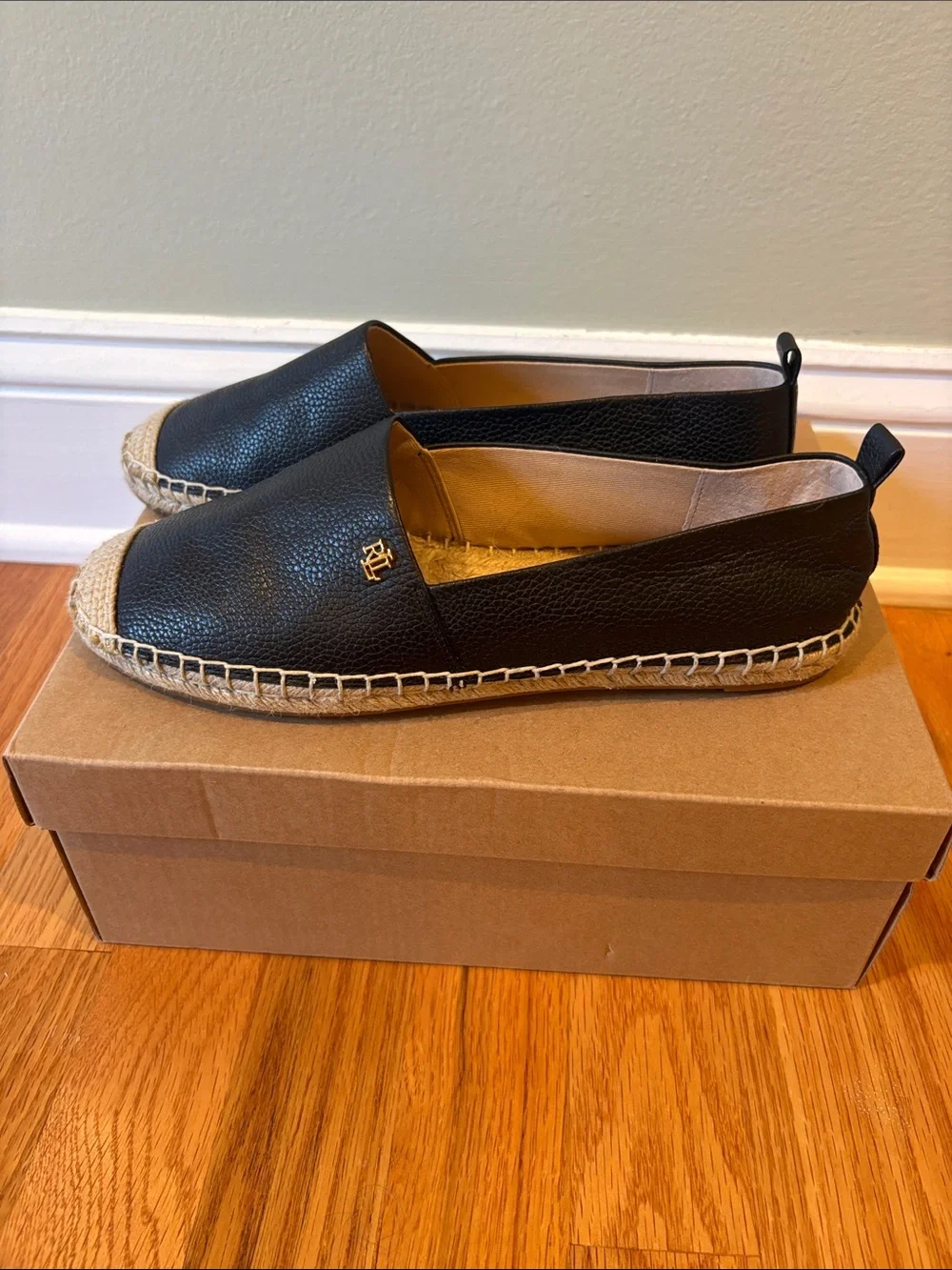 Ralph Lauren Black Leather Espadrille Wedge Slip-Ons